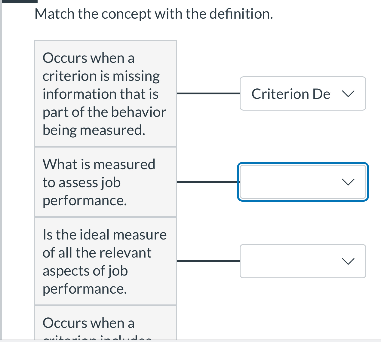  Match the concept with the definition. Occurs when a criterion is
