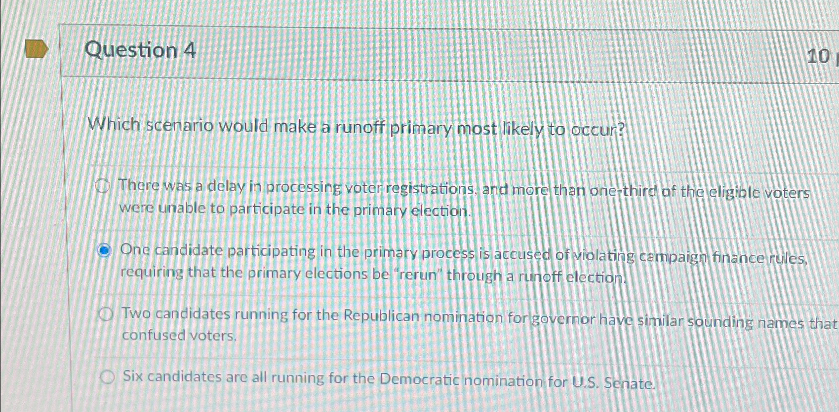  Question 4 Which scenario would make a runoff primary most likely