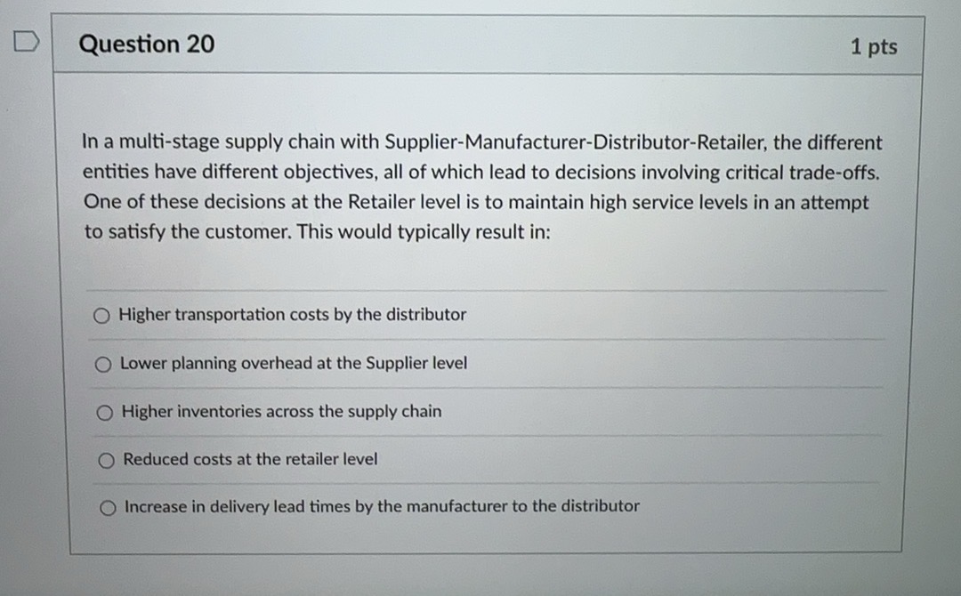  Question 20 In a multi-stage supply chain with Supplier-Manufacturer-Distributor-Retailer, the different