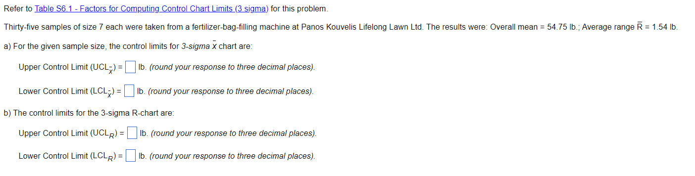  Refer to Table S6.1 - Factors for Computing Control Chart Limits