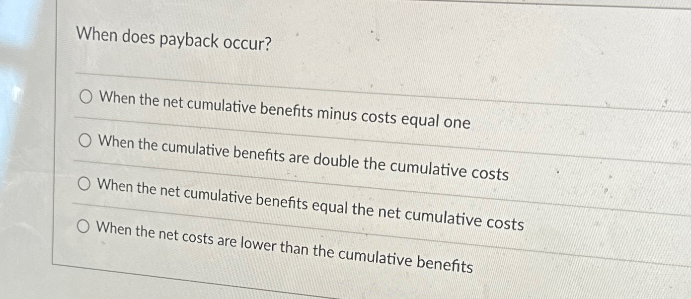  When does payback occur? When the net cumulative benefits minus costs