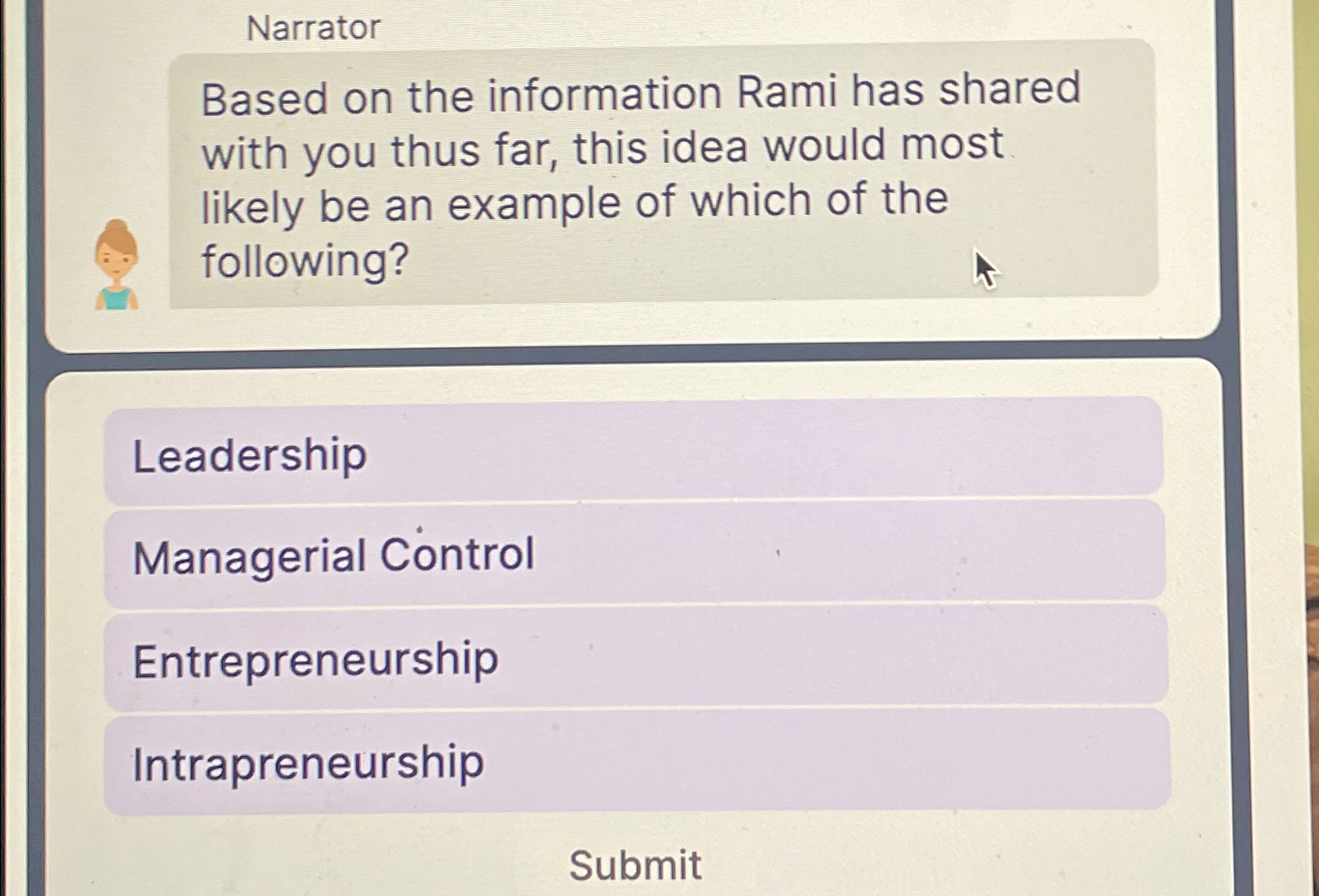  Narrator Based on the information Rami has shared with you thus