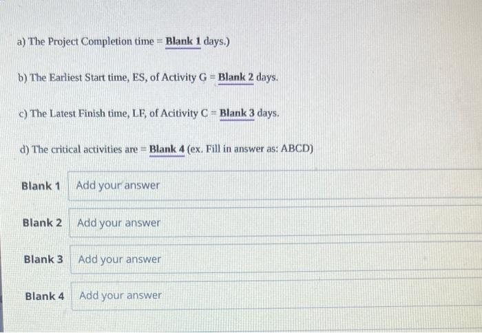 The Project Completion time = Blank1 days.) b) The Earliest Start time,