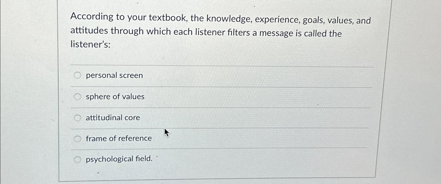  According to your textbook, the knowledge, experience, goals, values, and attitudes