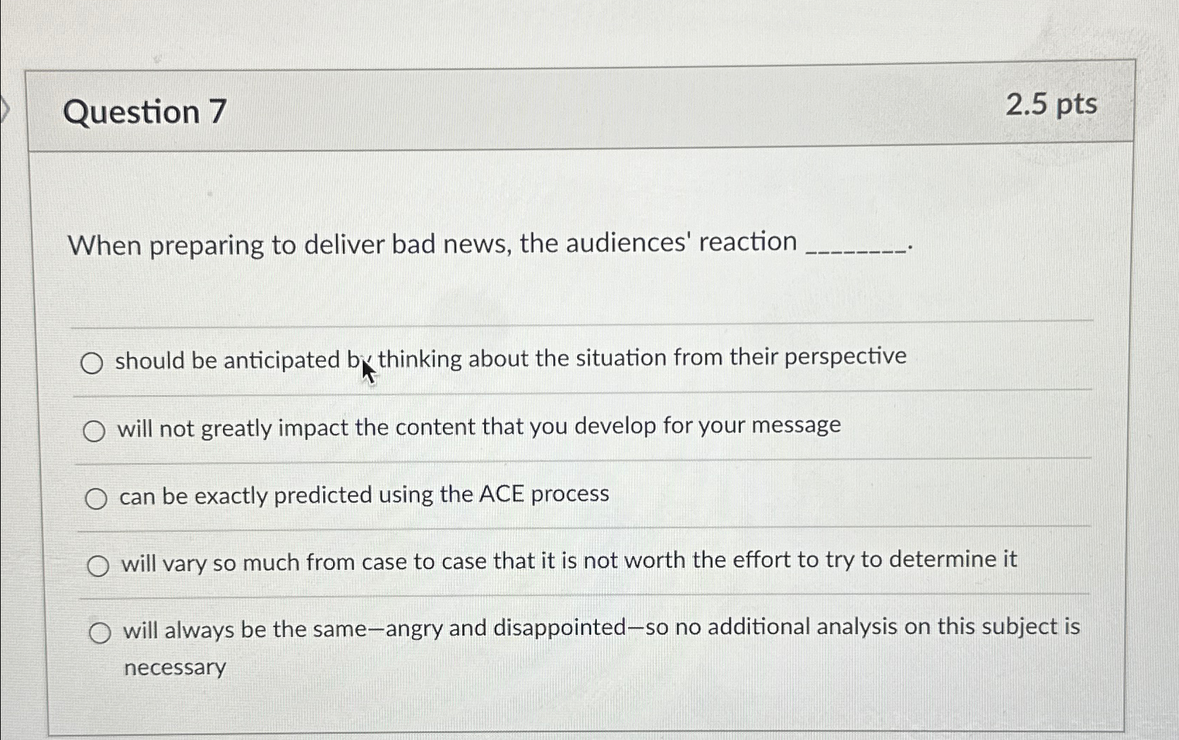  Question 7 2.5pts When preparing to deliver bad news, the audiences'