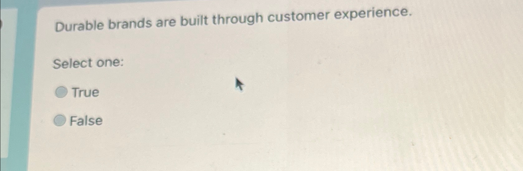  Durable brands are built through customer experience. Select one: True False