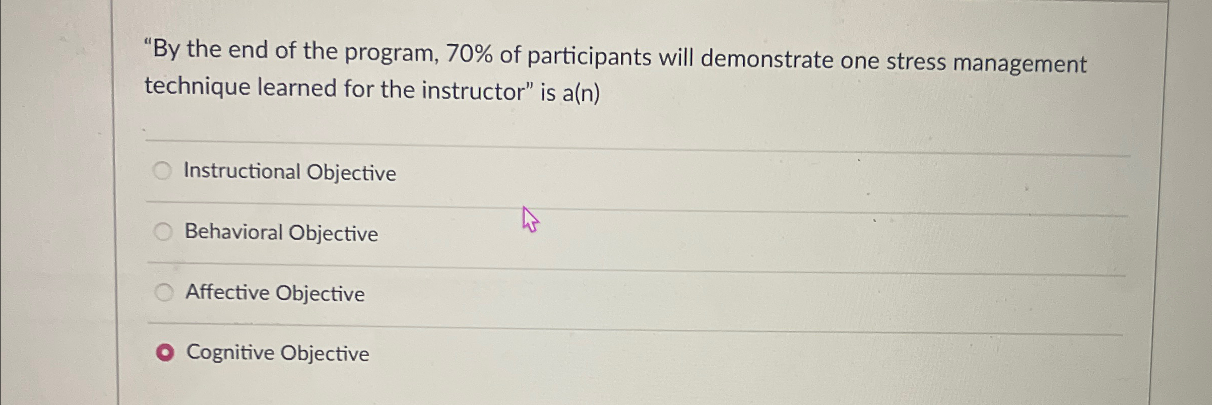  "By the end of the program, 70% of participants will demonstrate