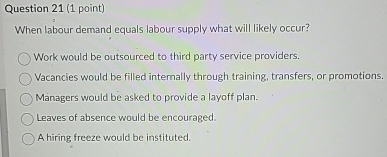  Question 21(1 point) When labour demand equals labour supply what will