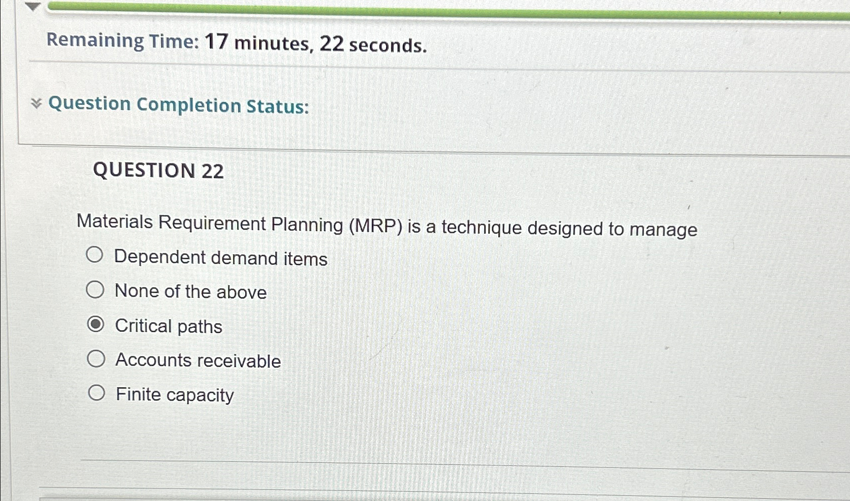  Remaining Time: 17 minutes, 22 seconds. Question Completion Status: QUESTION 22