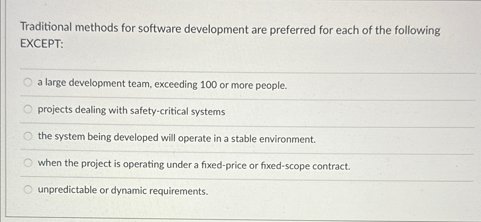  Traditional methods for software development are preferred for each of the