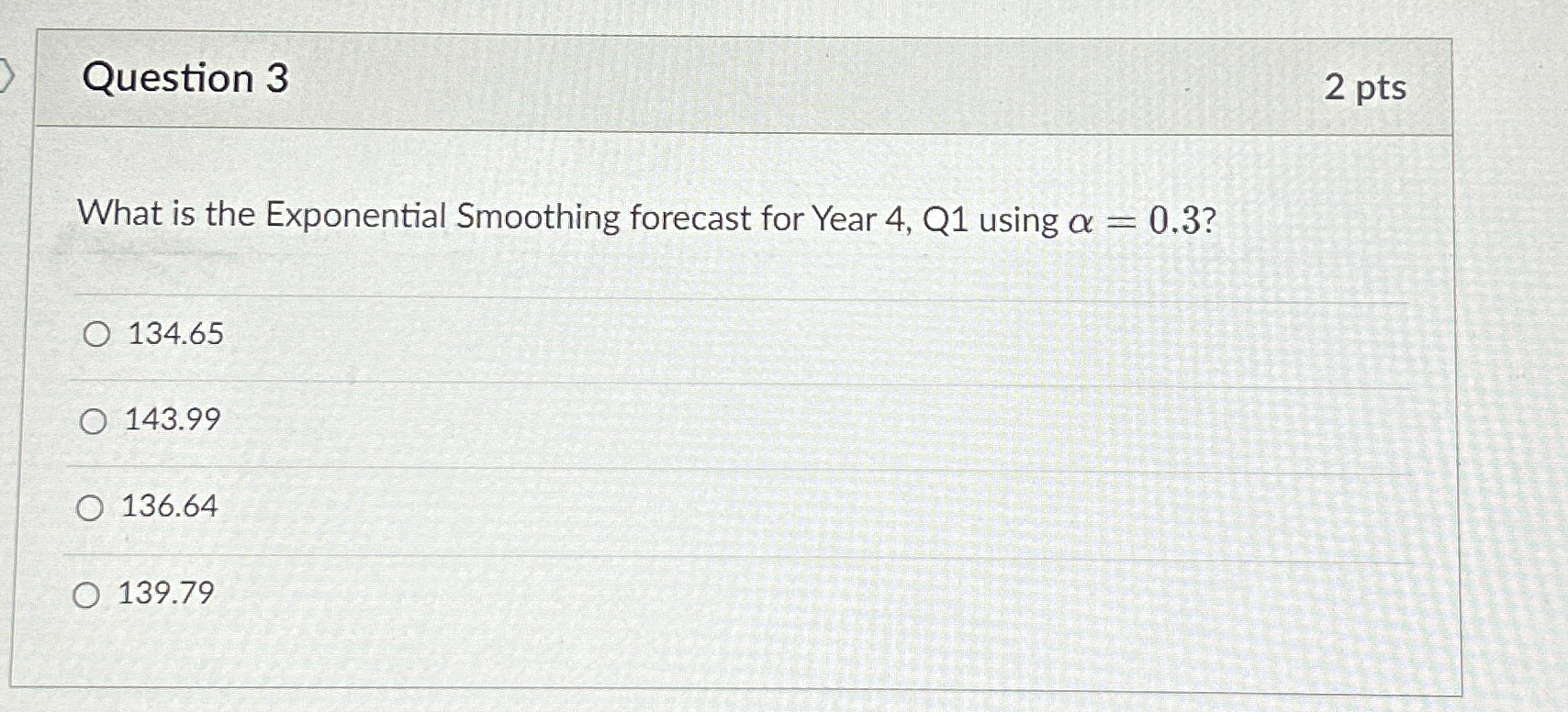  Question 3 2pts What is the Exponential Smoothing forecast for Year