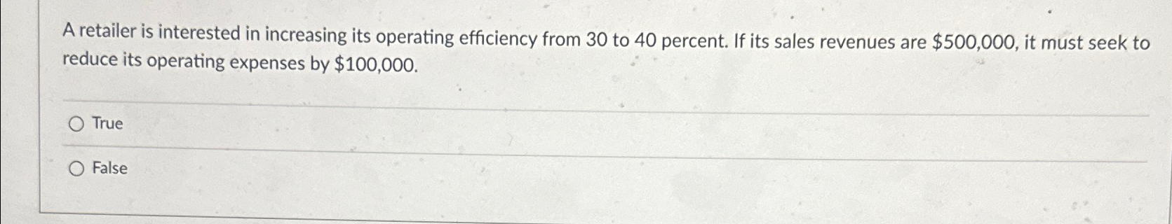  A retailer is interested in increasing its operating efficiency from 30