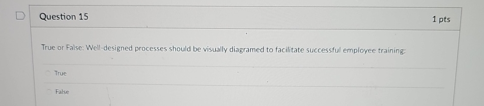 Question 15 1 pts True or False: Well-designed processes should be