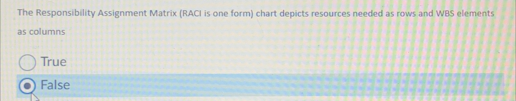  The Responsibility Assignment Matrix (RACI is one form) chart depicts resources