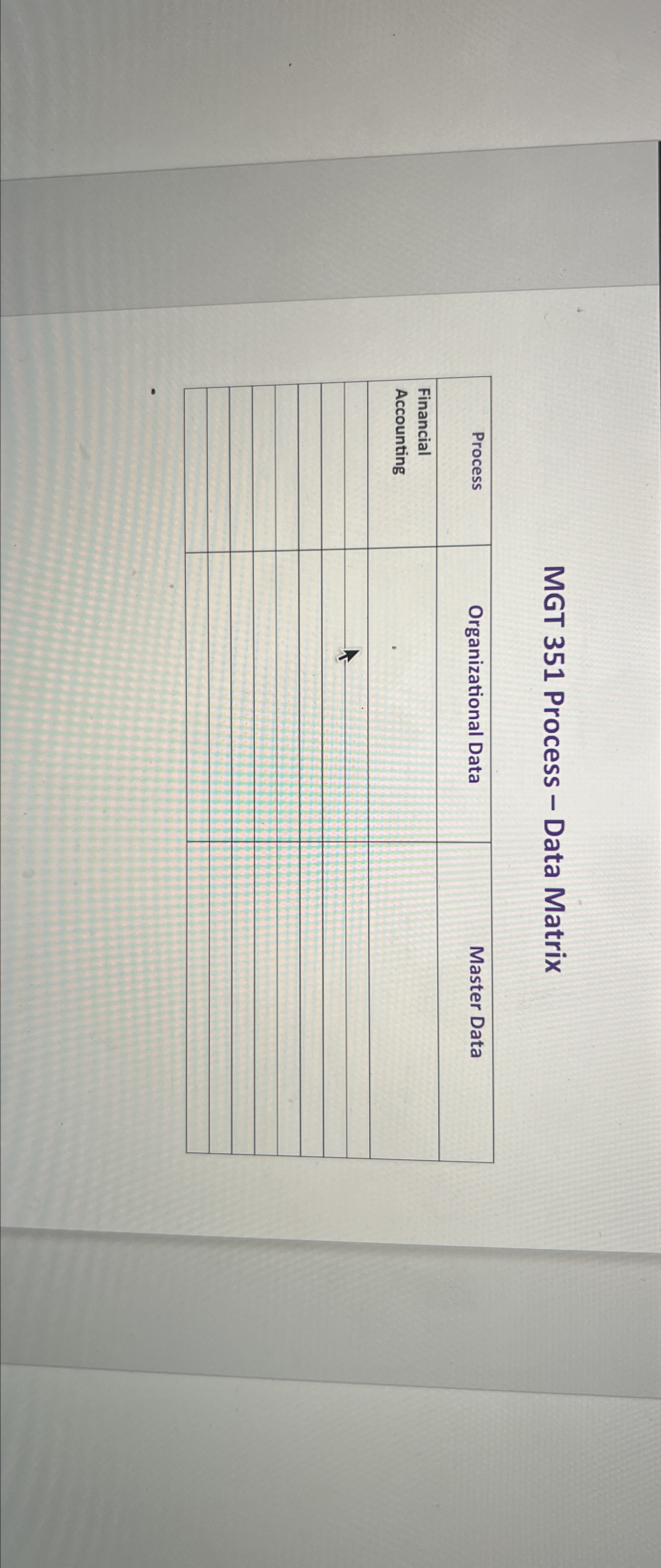  MGT 351 Process - Data Matrix \table[[Process,Organizational Data,Master Data],[\table[[Financial],[Accounting]],,],[,,],[,,],[,,],[,,],[,,],[,,],[,,]] 