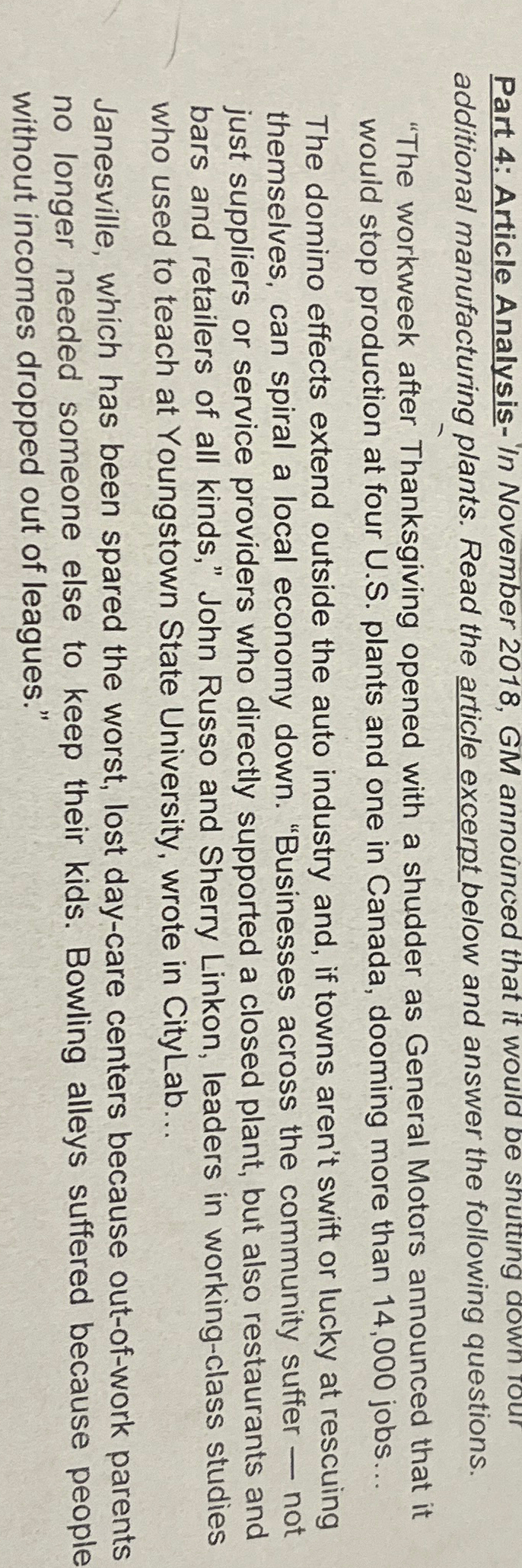  Part 4: Article Analysis-In November 2018, GM announced that it would