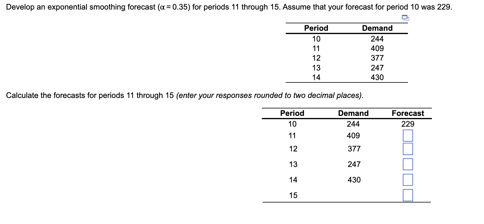  Develop an exponential smoothing forecast (=0.35) for periods 11 through 15.