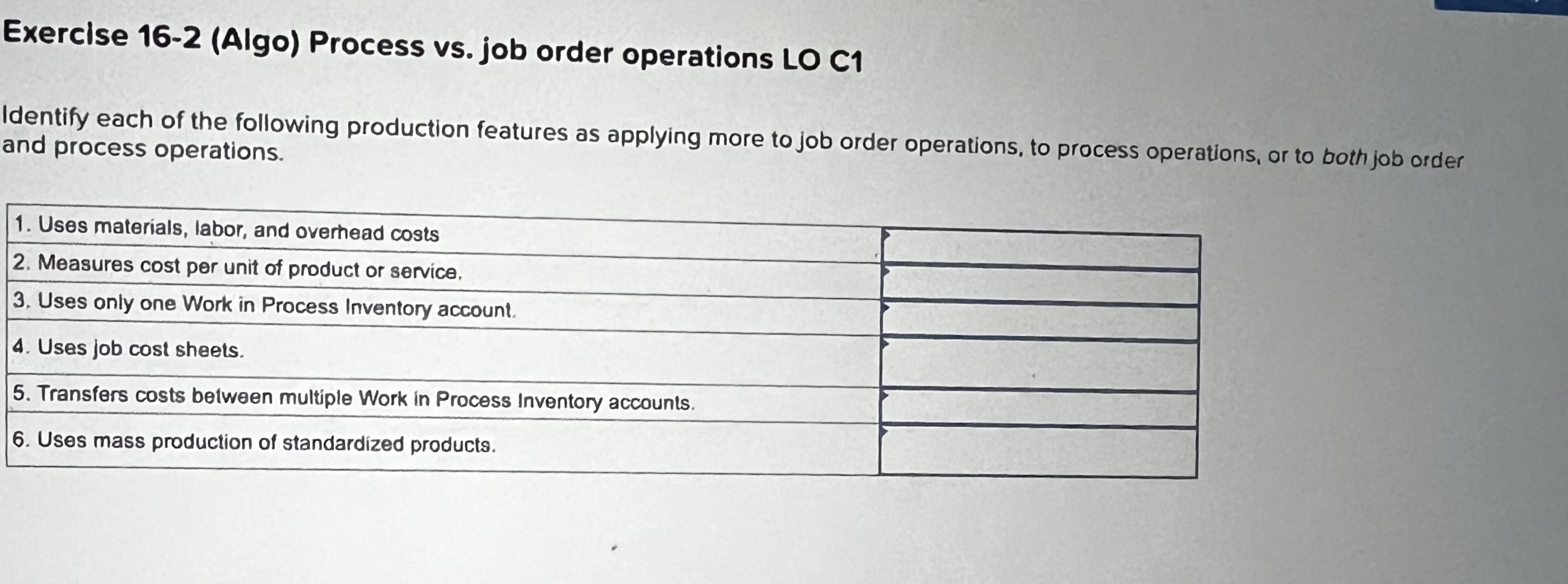  Exercise 16-2(Algo) Process vs. job order operations LO C1 Identify each