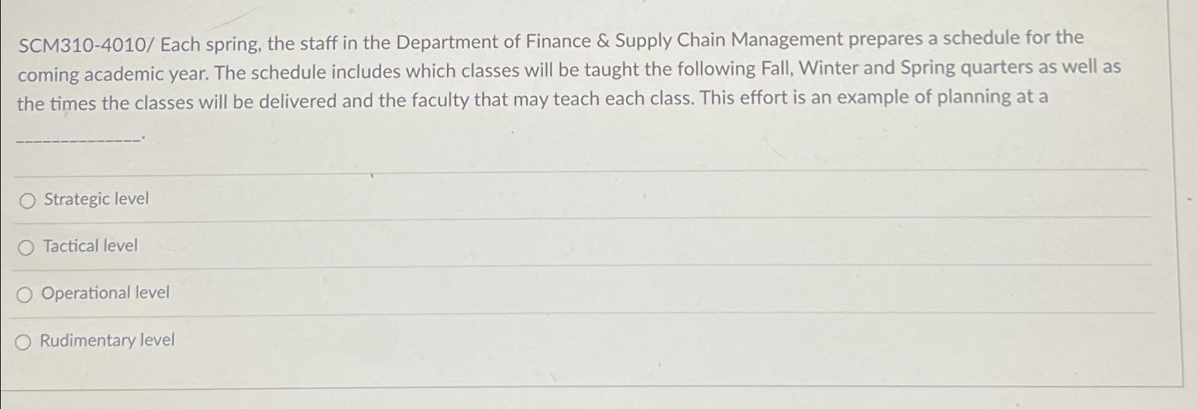  SCM310-4010/ Each spring, the staff in the Department of Finance &