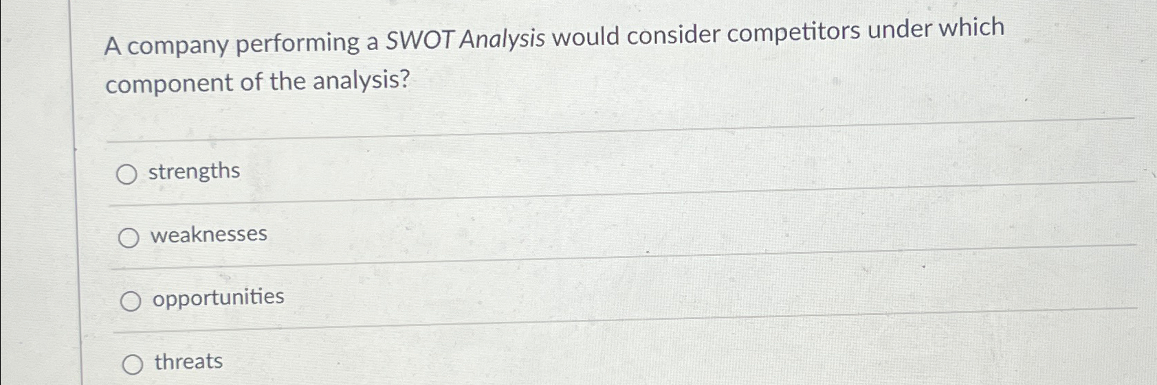  A company performing a SWOT Analysis would consider competitors under which