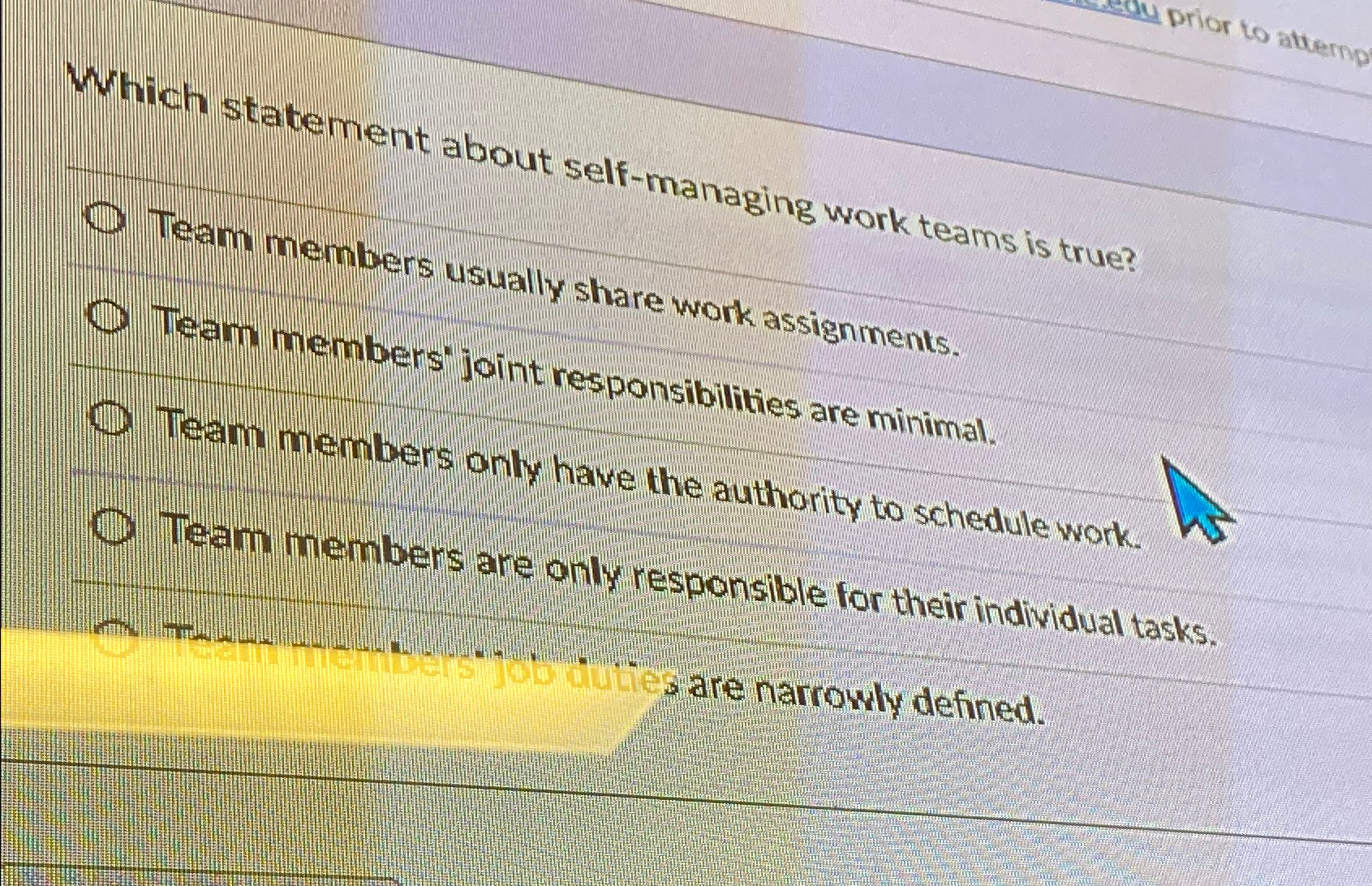  Which statement about self-managing work teams is true? Team members usually