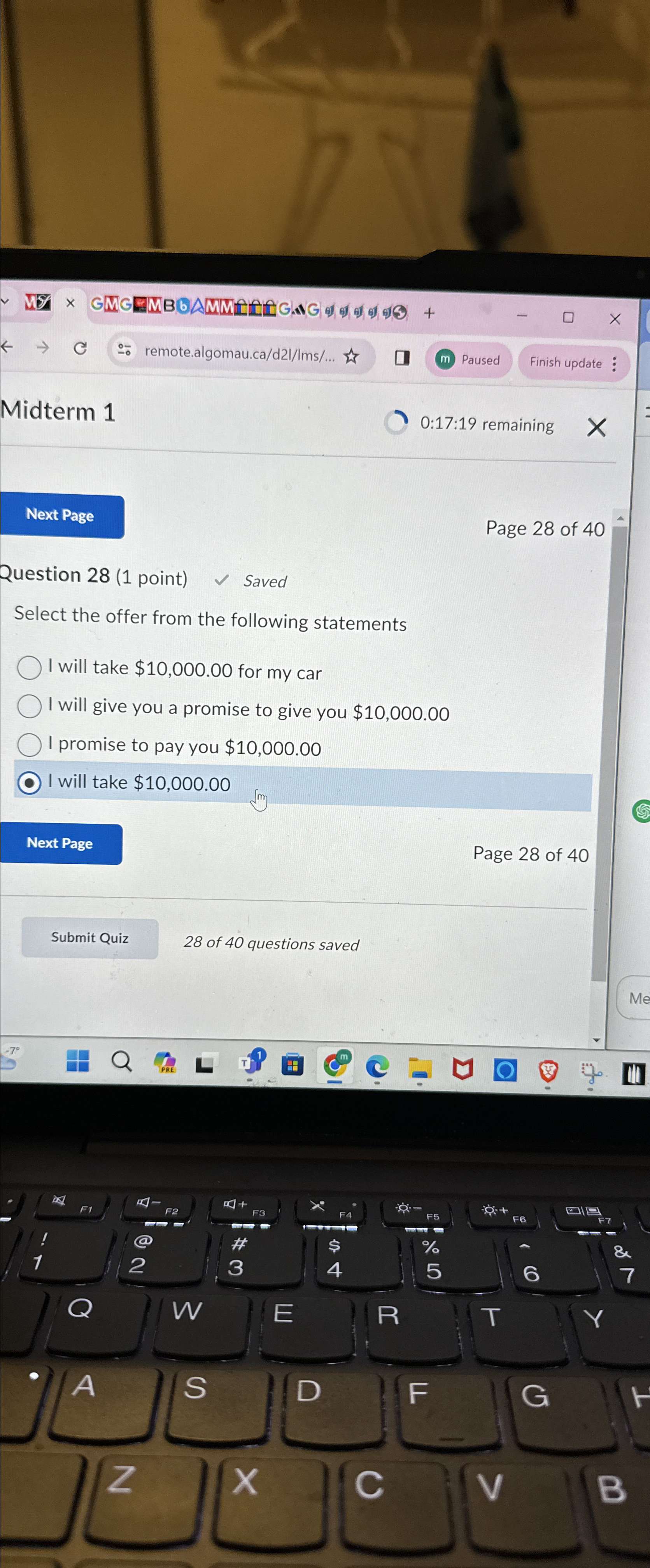  remote.algomau.ca/d21/Ims/... Paused Finish update Midterm 1 0:17:19 remaining Page 28 of