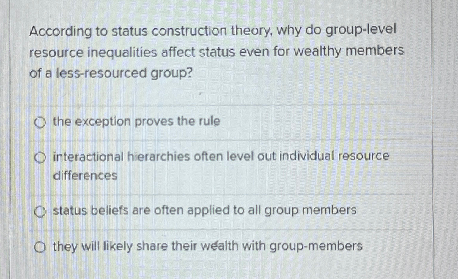 According to status construction theory, why do group-level resource inequalities affect