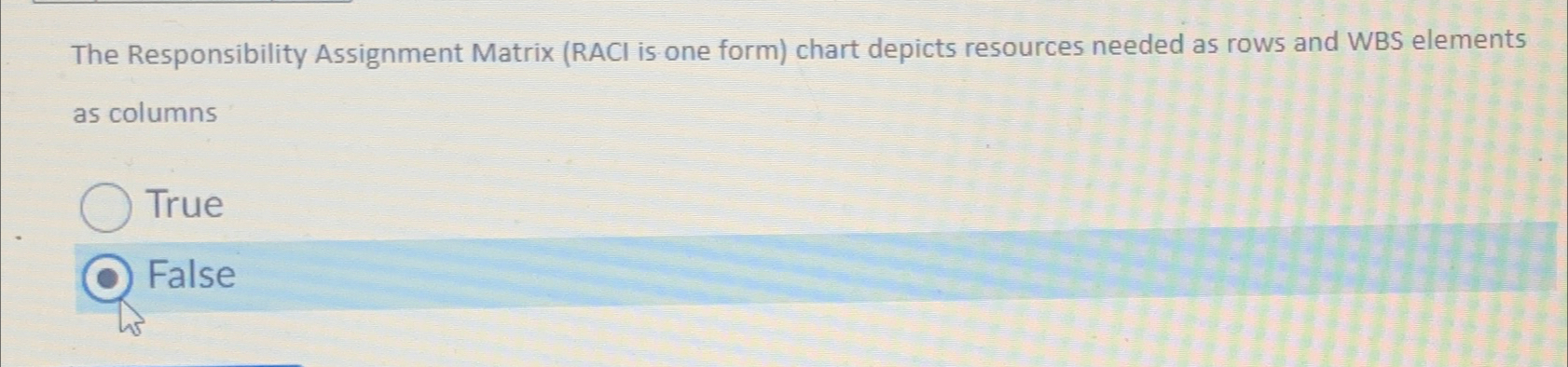  The Responsibility Assignment Matrix (RACI is one form) chart depicts resources