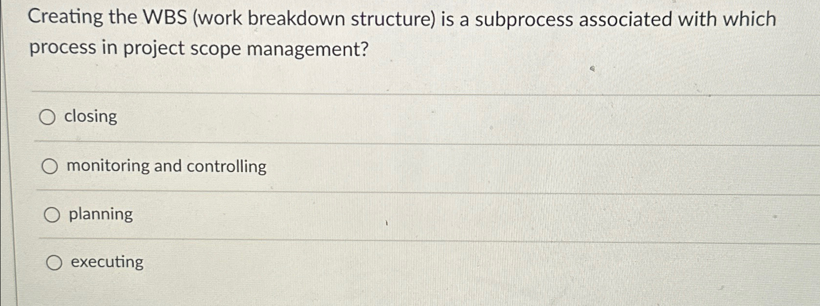  Creating the WBS (work breakdown structure) is a subprocess associated with