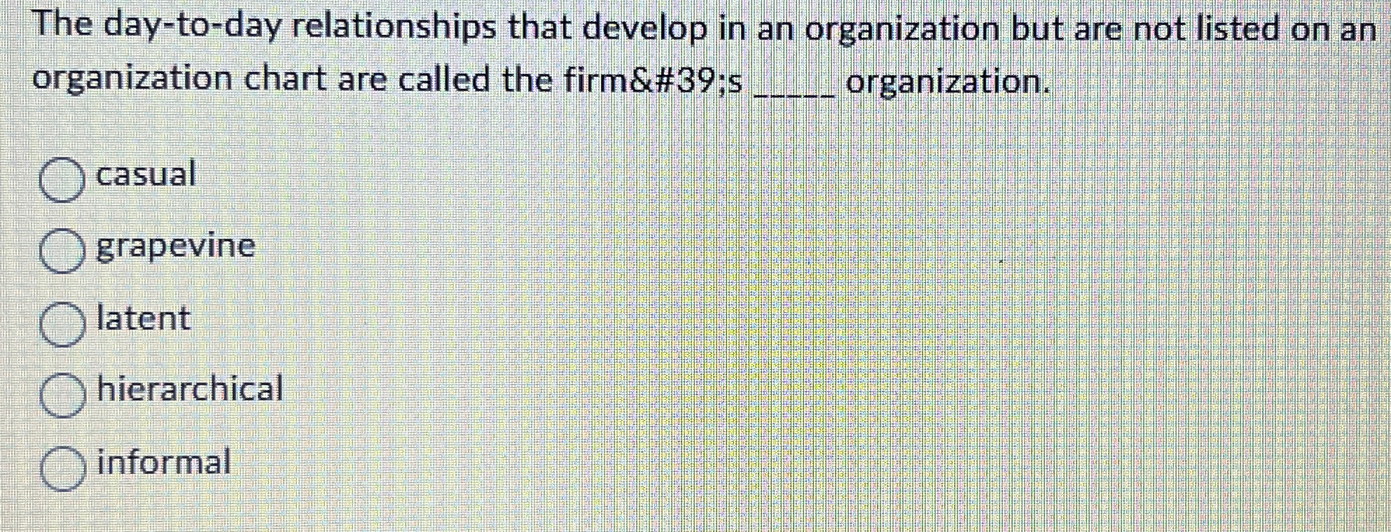  The day-to-day relationships that develop in an organization but are not