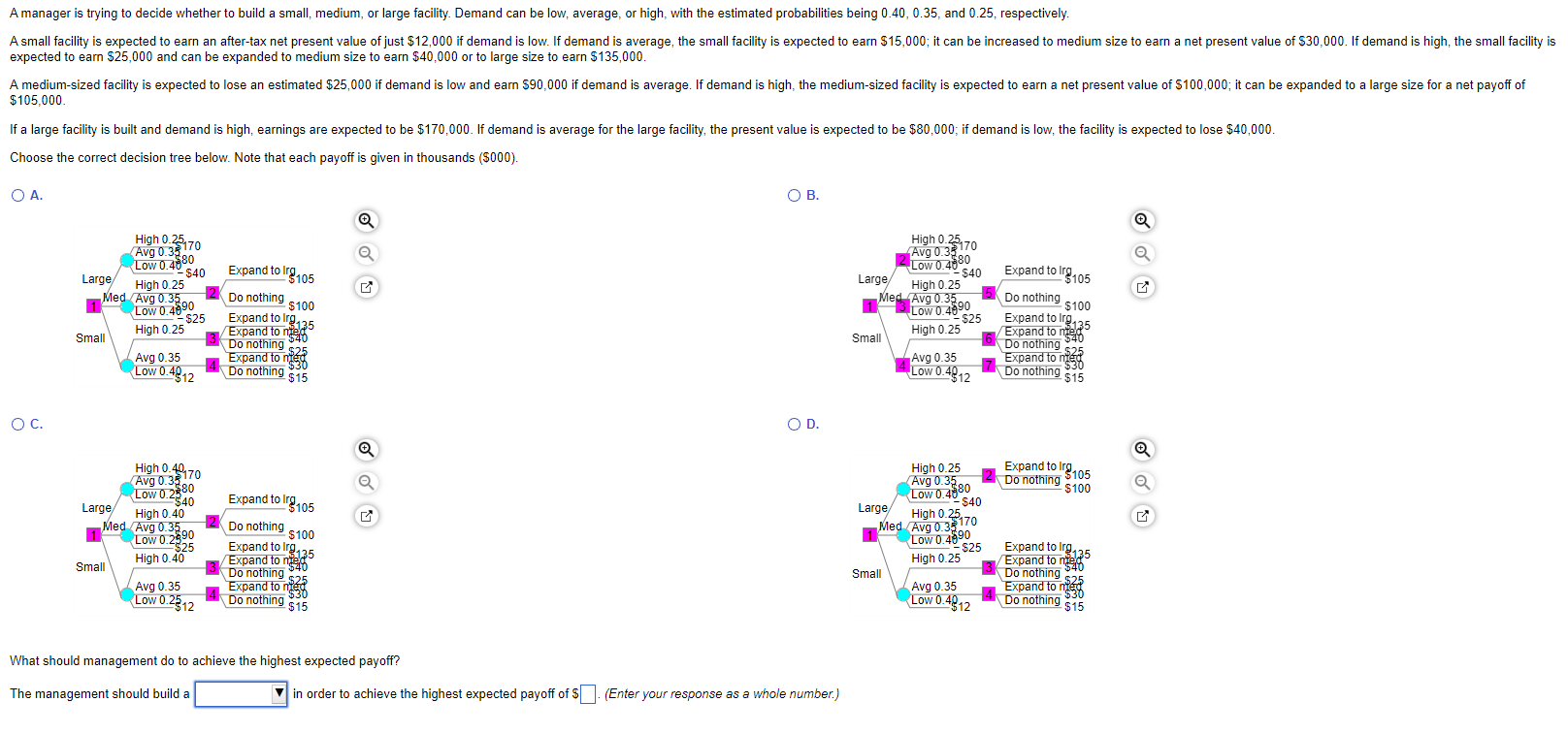  A manager is trying to decide whether to build a small,
