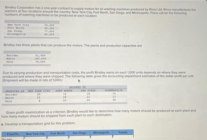 please answer the three different table Bindley Corporation has a one-year contract