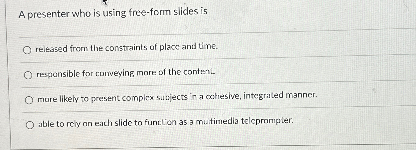  A presenter who is using free-form slides is released from the