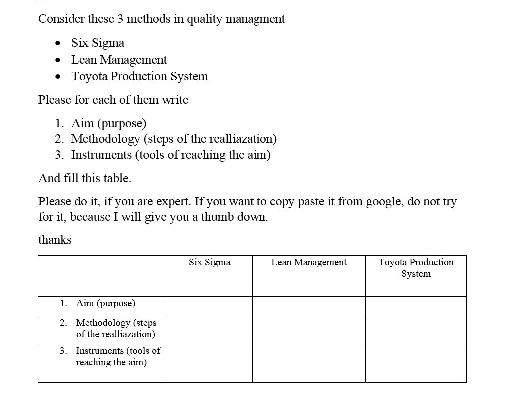 Consider these 3 methods in quality managment - Six Sigma -