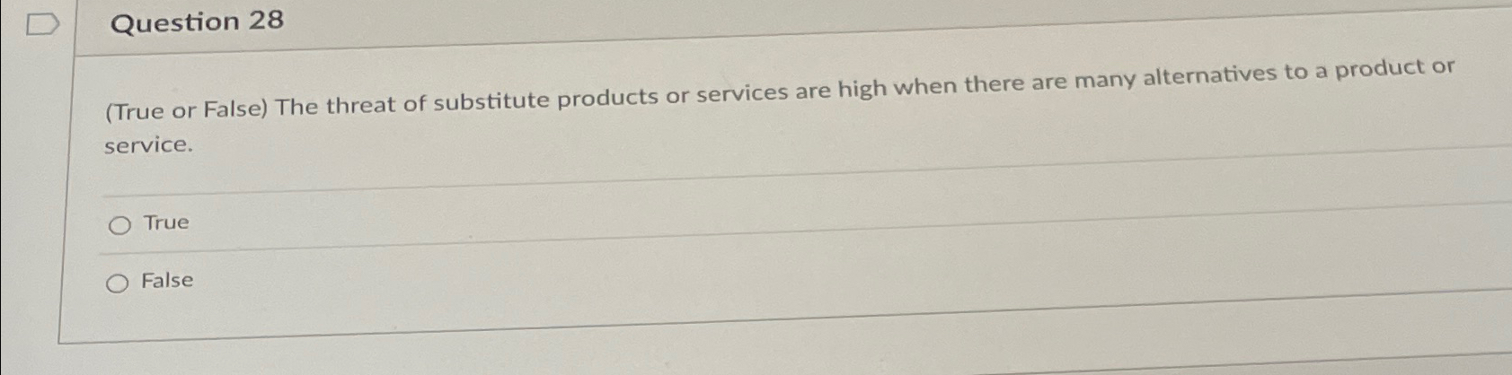 Question 28 (True or False) The threat of substitute products or