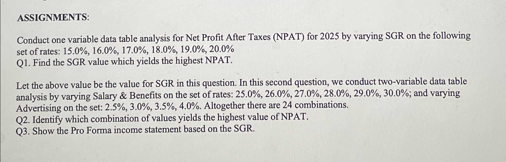  ASSIGNMENTS: Conduct one variable data table analysis for Net Profit After