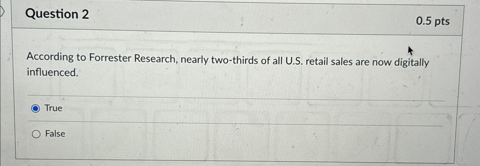  Question 2 0.5pts According to Forrester Research, nearly two-thirds of all