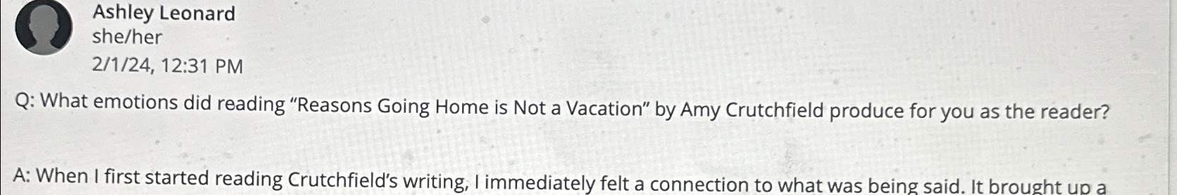  Ashley Leonard she/her 2/1/24,12:31 PM Q: What emotions did reading "Reasons