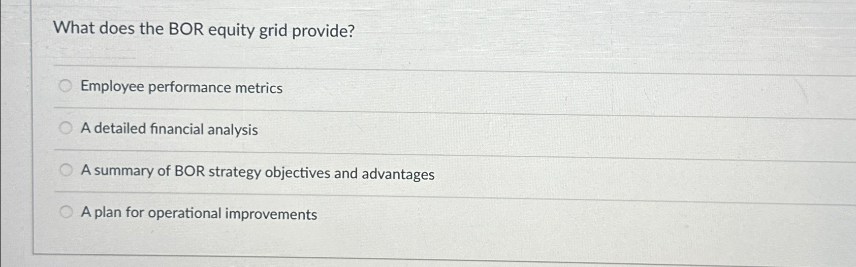  What does the BOR equity grid provide? Employee performance metrics A