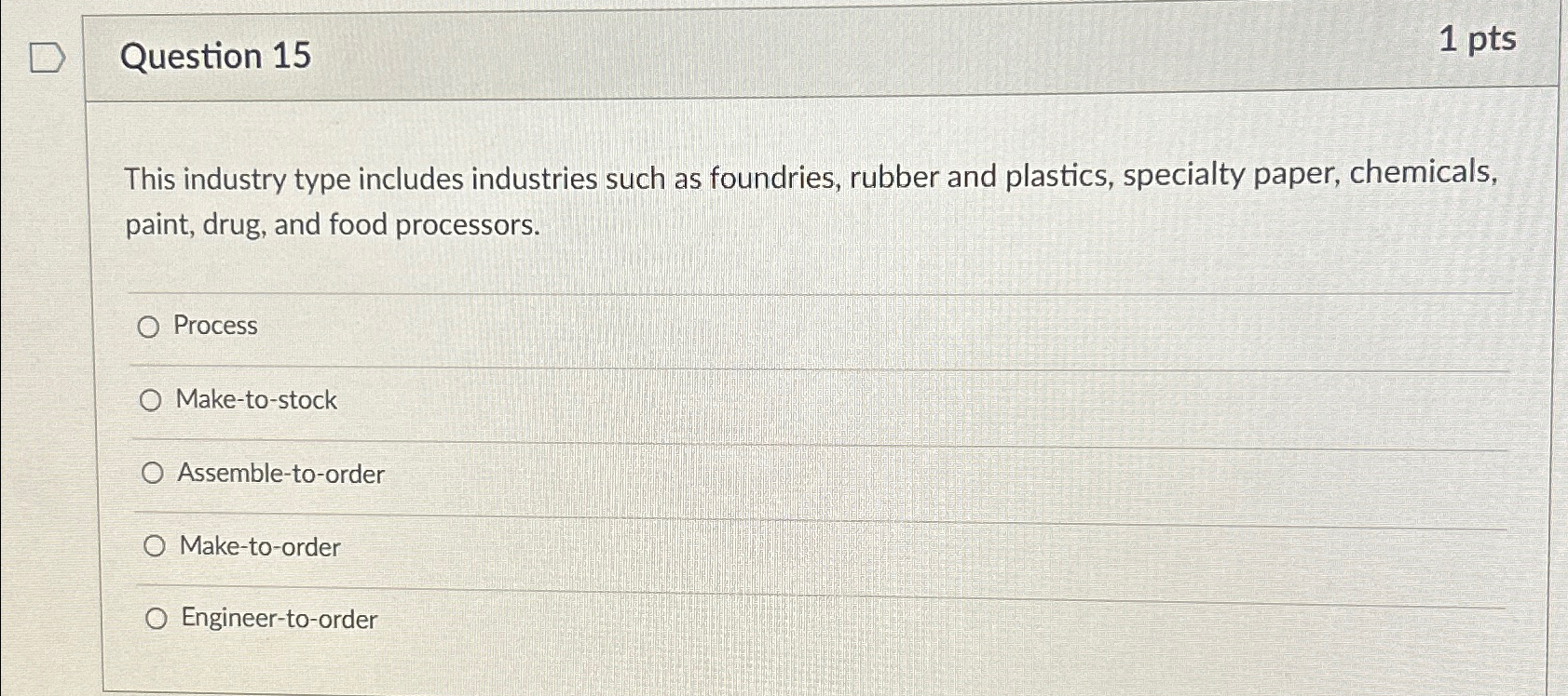  Question 15 1 pts This industry type includes industries such as