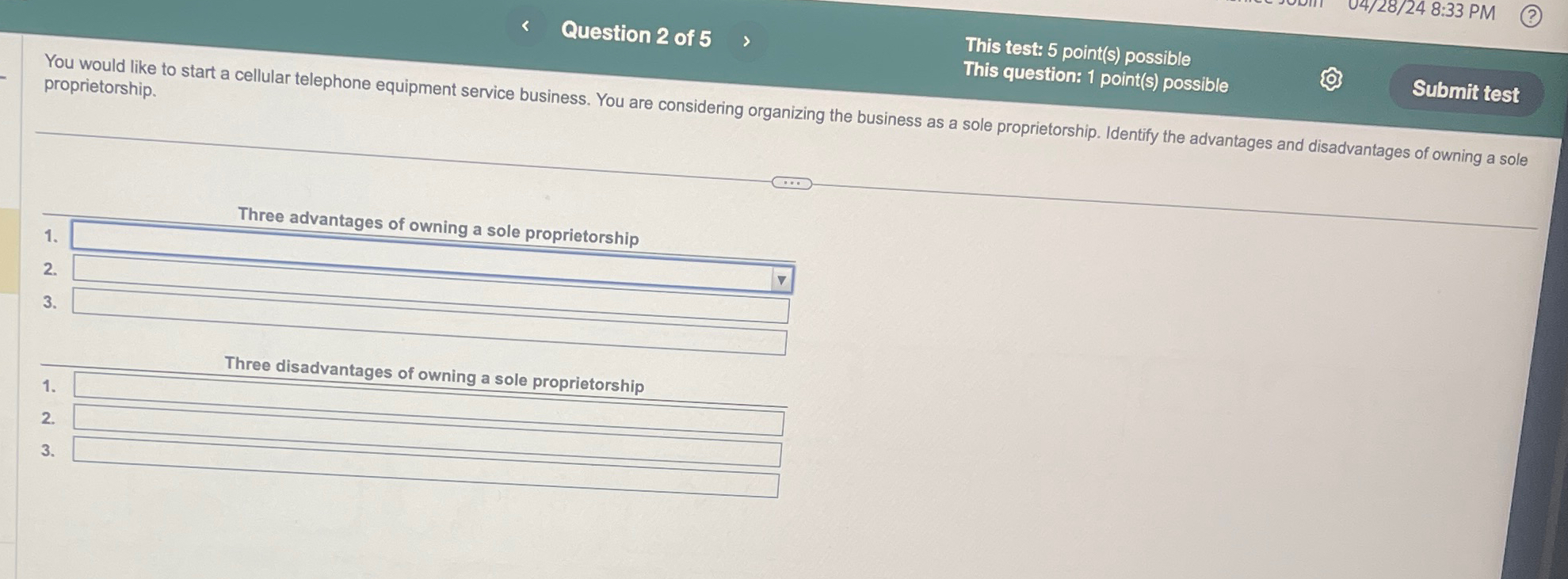  Question 2 of 5 This test: 5 point(s) possible This question:
