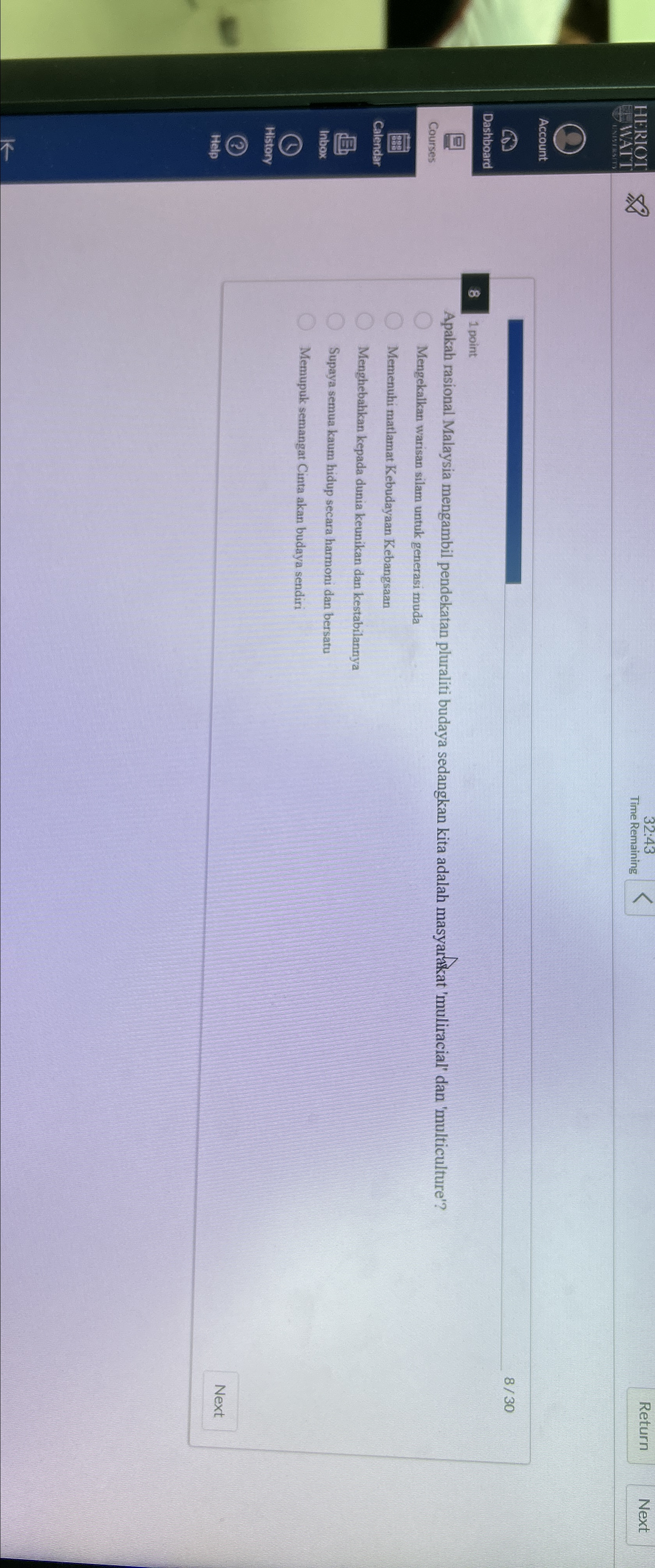  HERIOI WAT 32:43 Time Remaining Return Next Account Dashboard 8 1