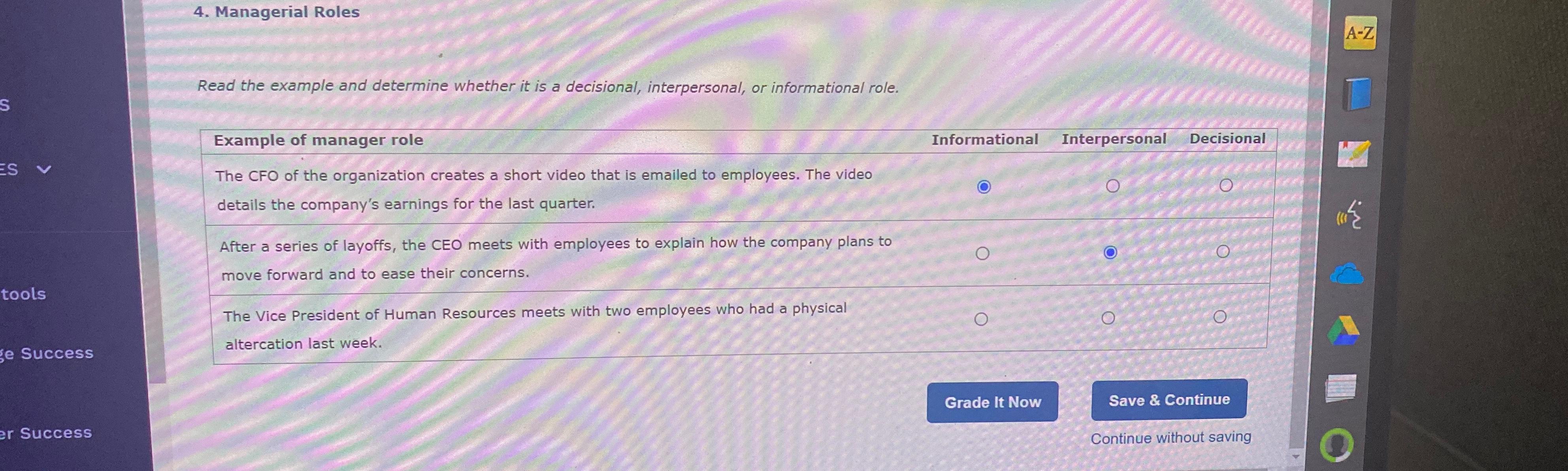  Managerial Roles Read the example and determine whether it is a