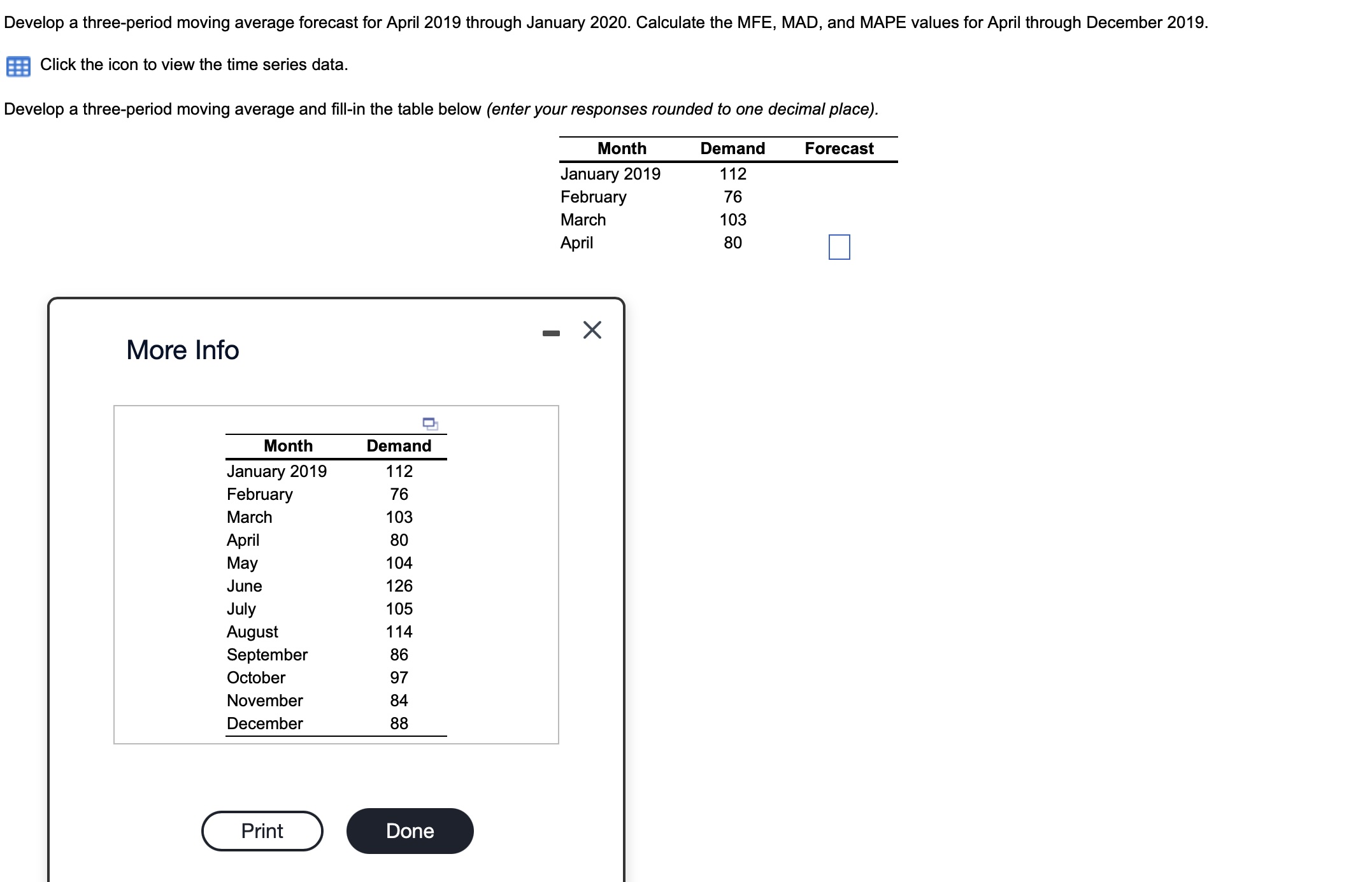 Develop a three-period moving average forecast for April 2019 through January