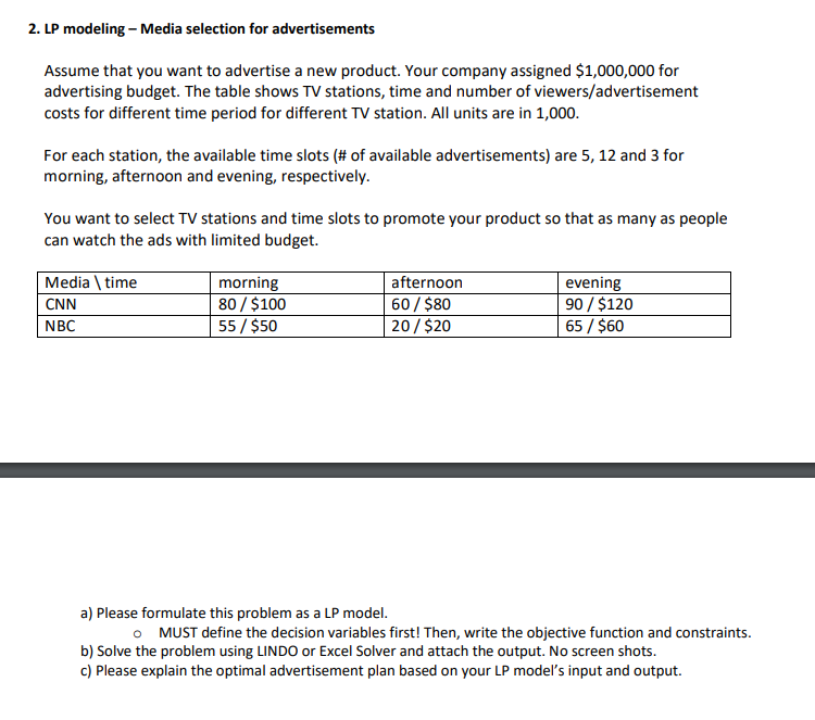 2. LP modeling - Media selection for advertisements Assume that you