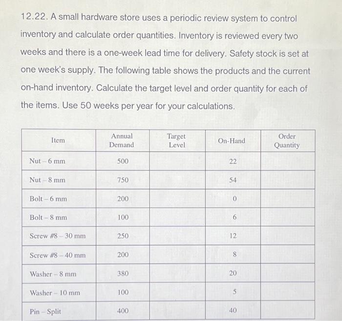  12.22. A small hardware store uses a periodic review system to