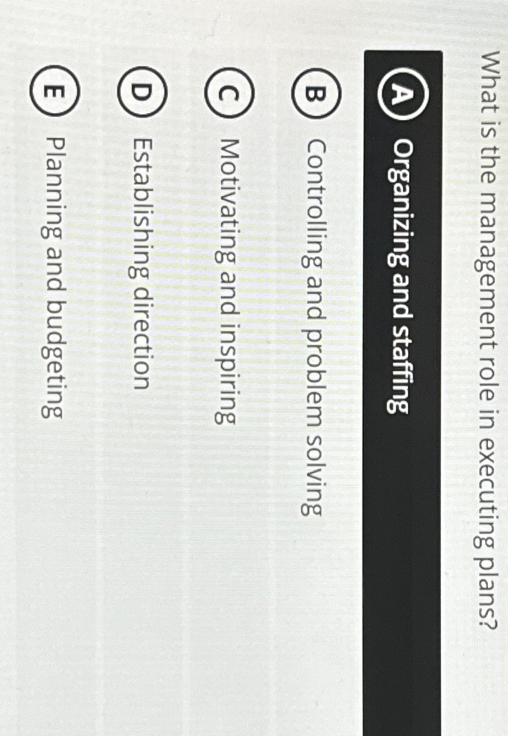  What is the management role in executing plans? A Organizing and