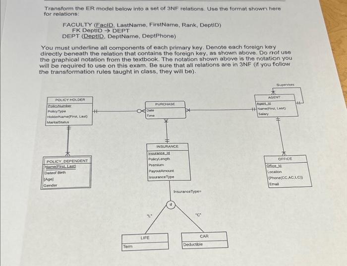  Transform the ER model below into a set of 3NF relations.