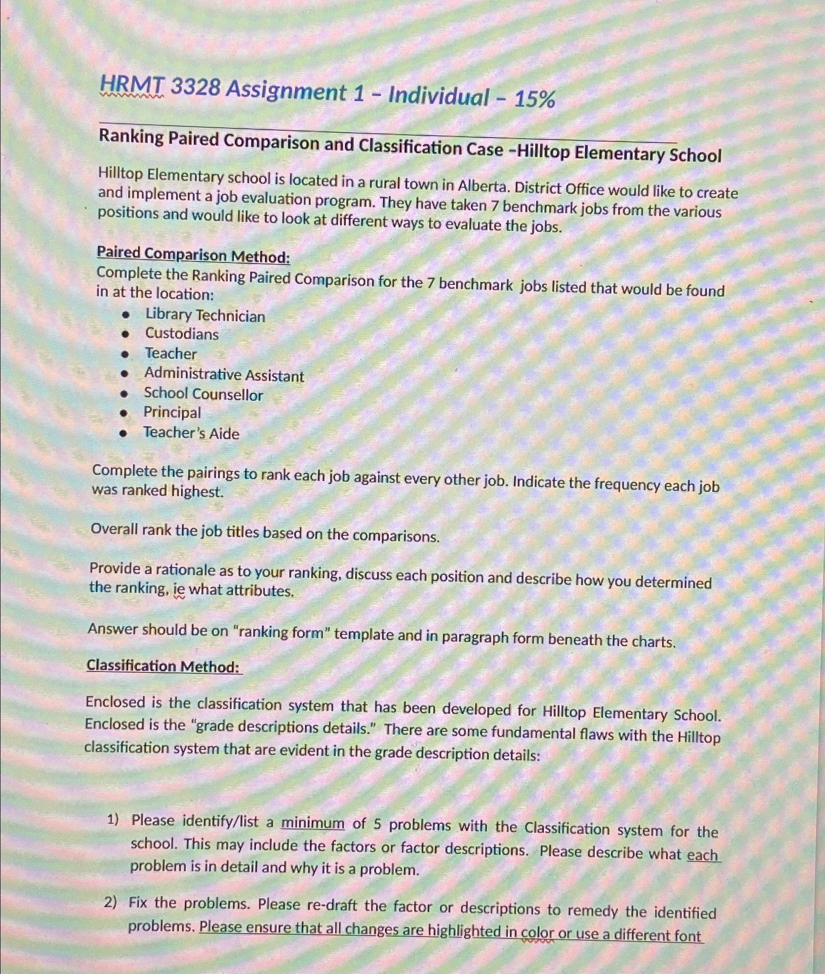  HRMT 3328 Assignment 1- Individual -15% Ranking Paired Comparison and Classification