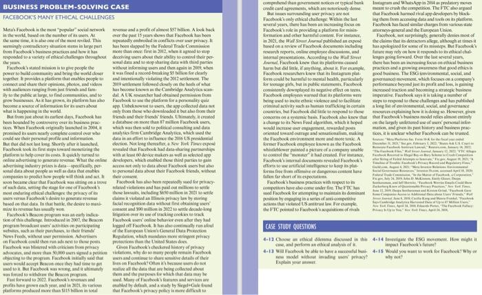  FACEBOOK'S MANY ETHICAL CHALLENGES = case study question = 1. choose